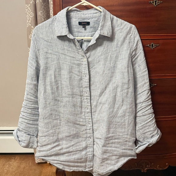 Quince Blue and White Striped Linen Shit - Picture 1 of 4
